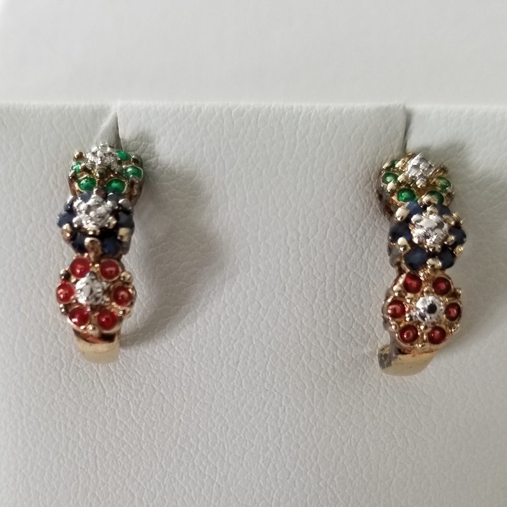 18KT GF Over Sterling Ruby, Sapphire & Simulated Emerald Earrings.